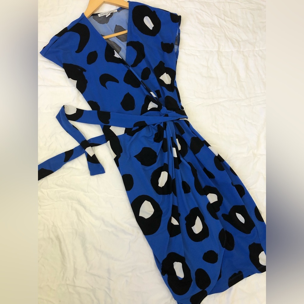 Maggie London blue and black wrap dress